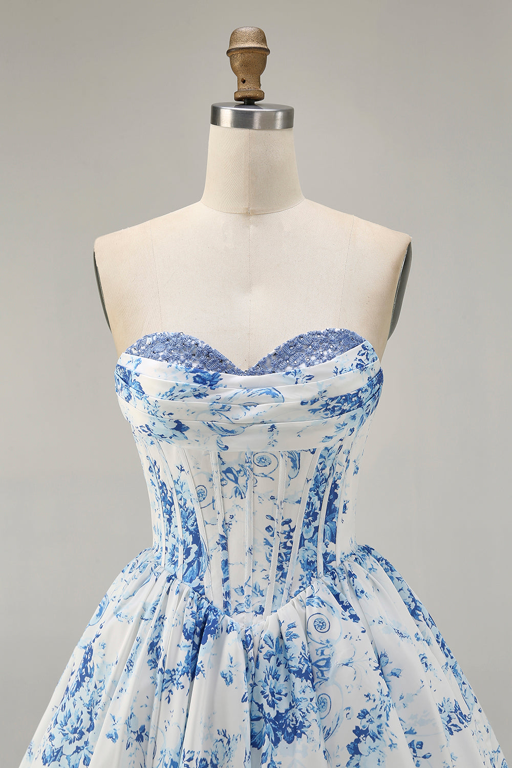 Strapless White Blue Flower Printed Corset A Line Homecoming Dress
