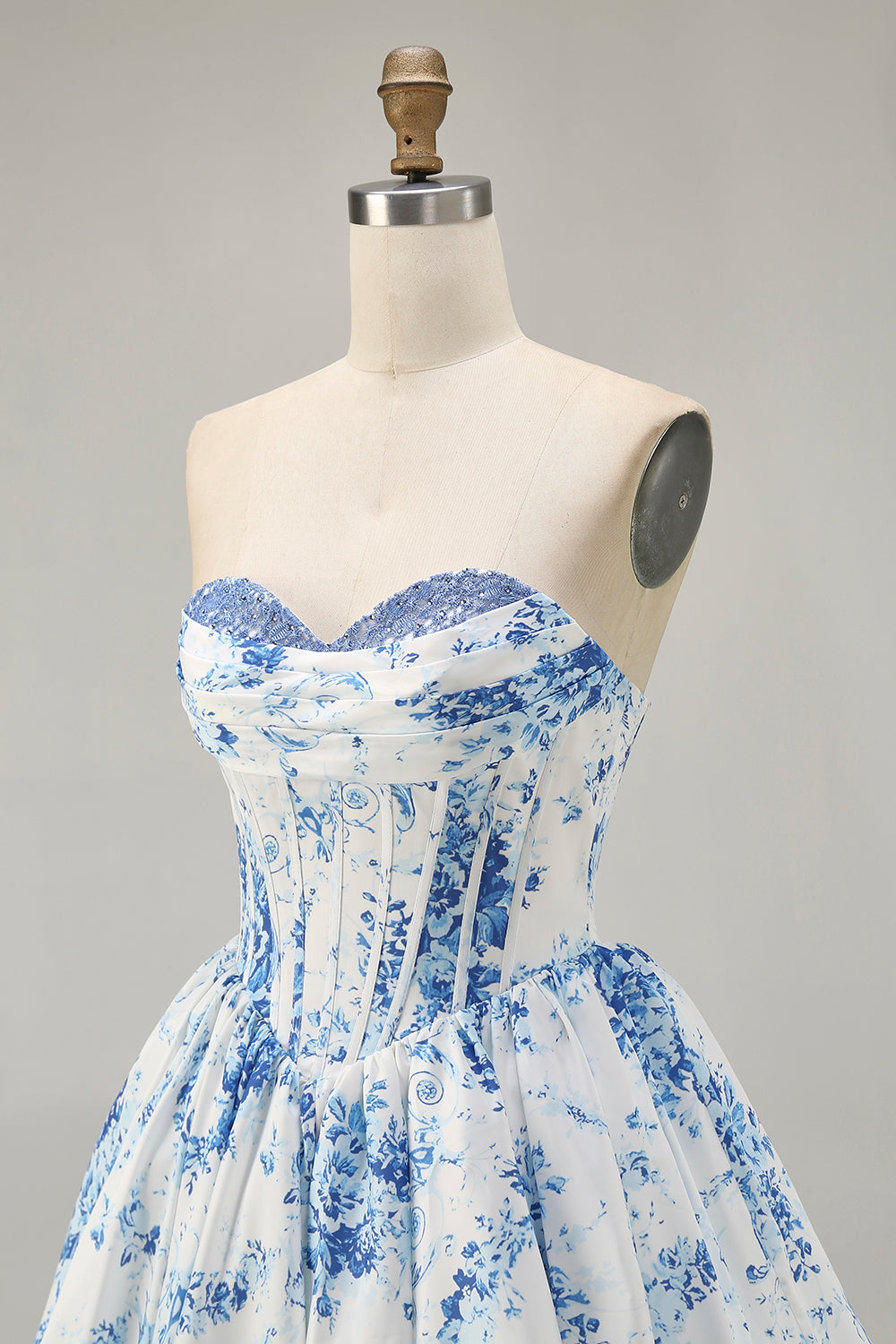 Strapless White Blue Flower Printed Corset A Line Homecoming Dress