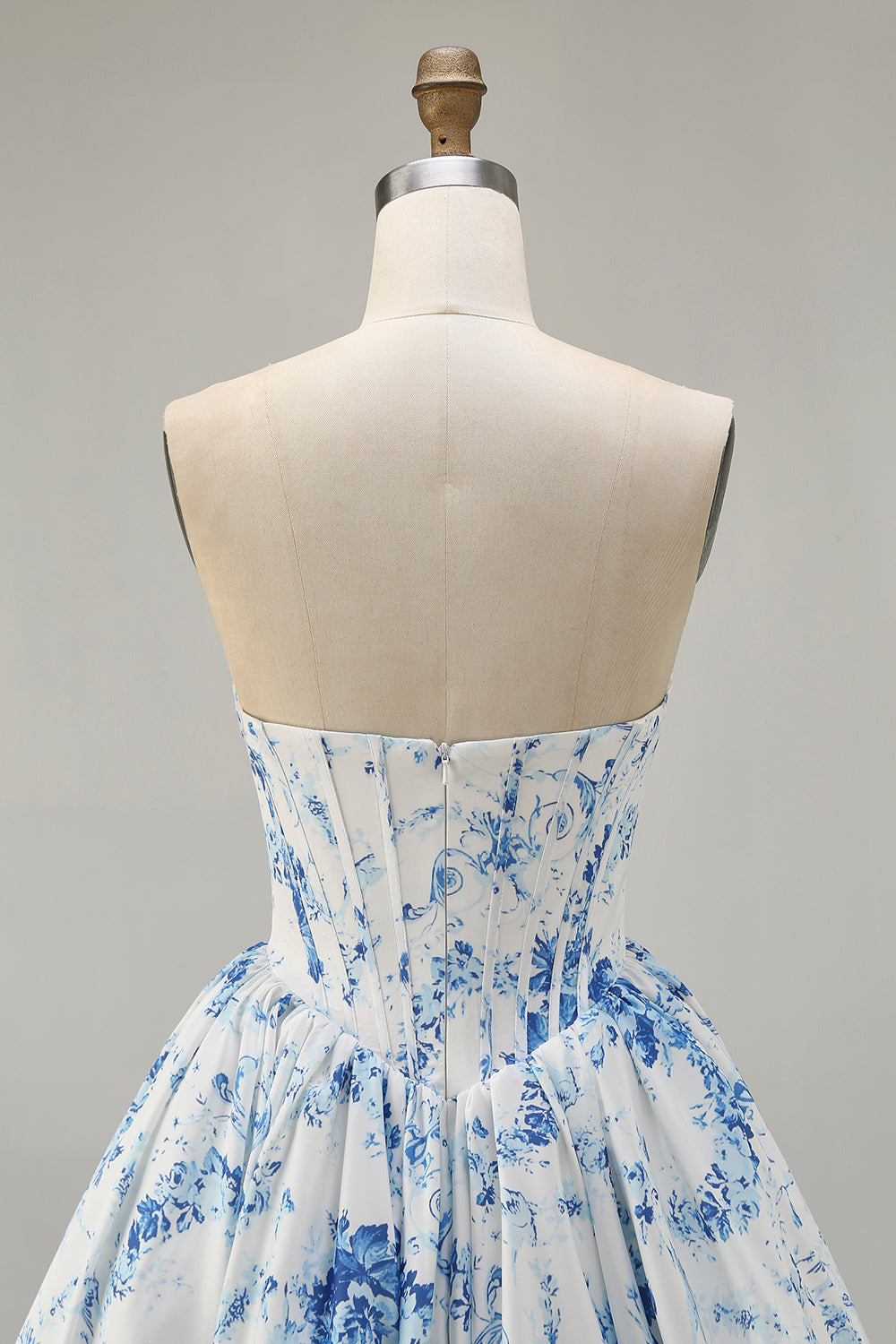 Strapless White Blue Flower Printed Corset A Line Homecoming Dress