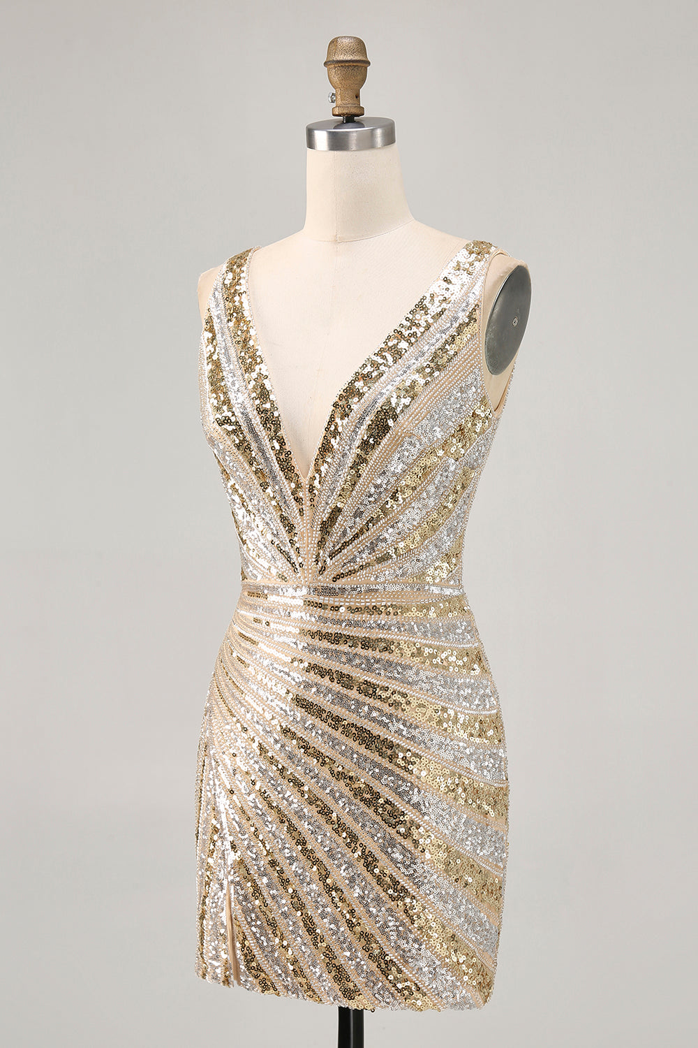 Sparkly Golden V-Neck Bodycon Homecoming Dress