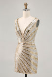 Sparkly Golden V-Neck Bodycon Homecoming Dress