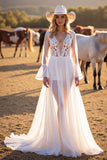 White A Line Long Sleeve Wedding Dress with Appliques