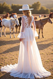 White A Line Long Sleeve Wedding Dress with Appliques