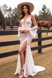 Mermaid White Lace Wedding Dress with Slit
