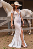 Lace Mermaid White Wedding Dress with Slit