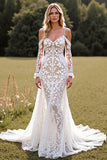 Lace Cold Shoulder Mermaid White Wedding Dress