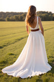 White A Line V-Neck Wedding Dress with Slit