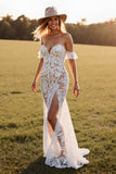 Lace Mermaid White Off The Shoulder Wedding Dress with Slit