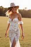 Lace Mermaid White Off The Shoulder Wedding Dress with Slit