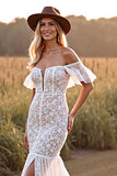 Off The Shoulder White Mermaid Wedding Dress with Slit