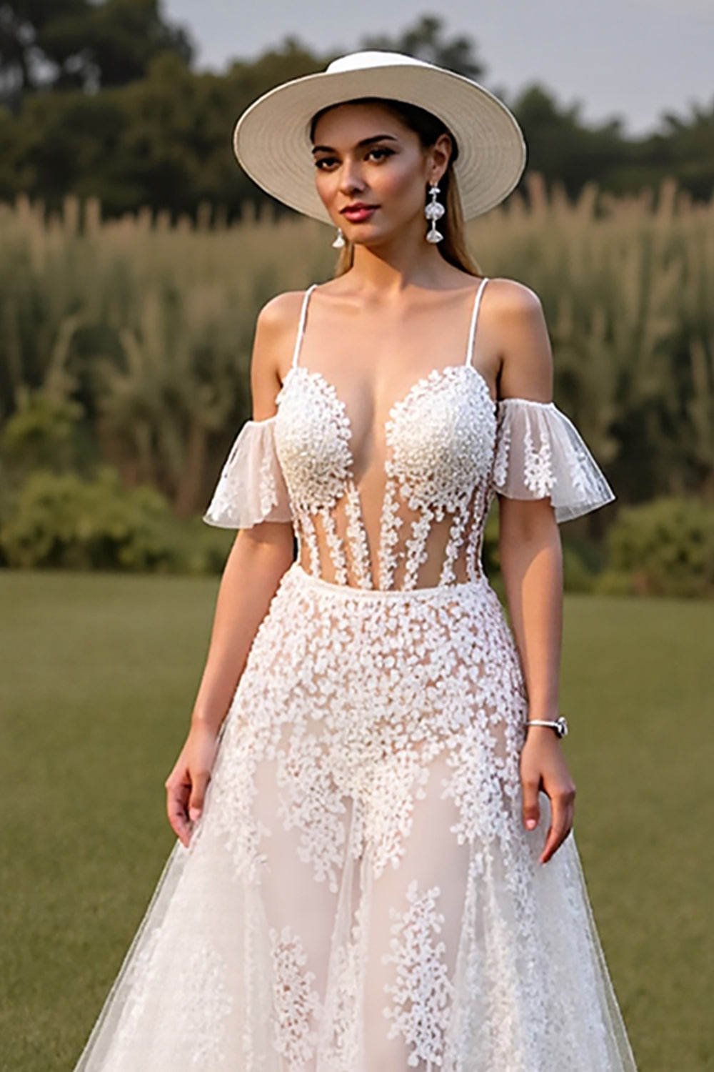 White Corset Ruffled Wedding Dress with Appliques