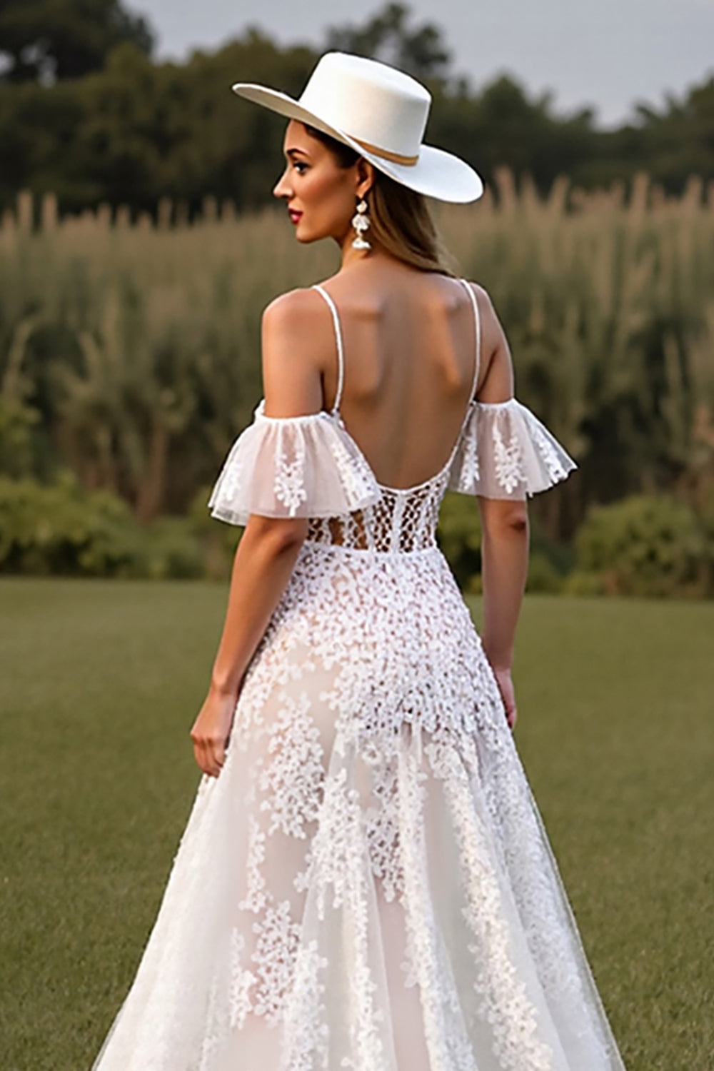 White Corset Ruffled Wedding Dress with Appliques