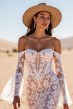Off The Shoulder White Mermaid Wedding Dress with Appliques
