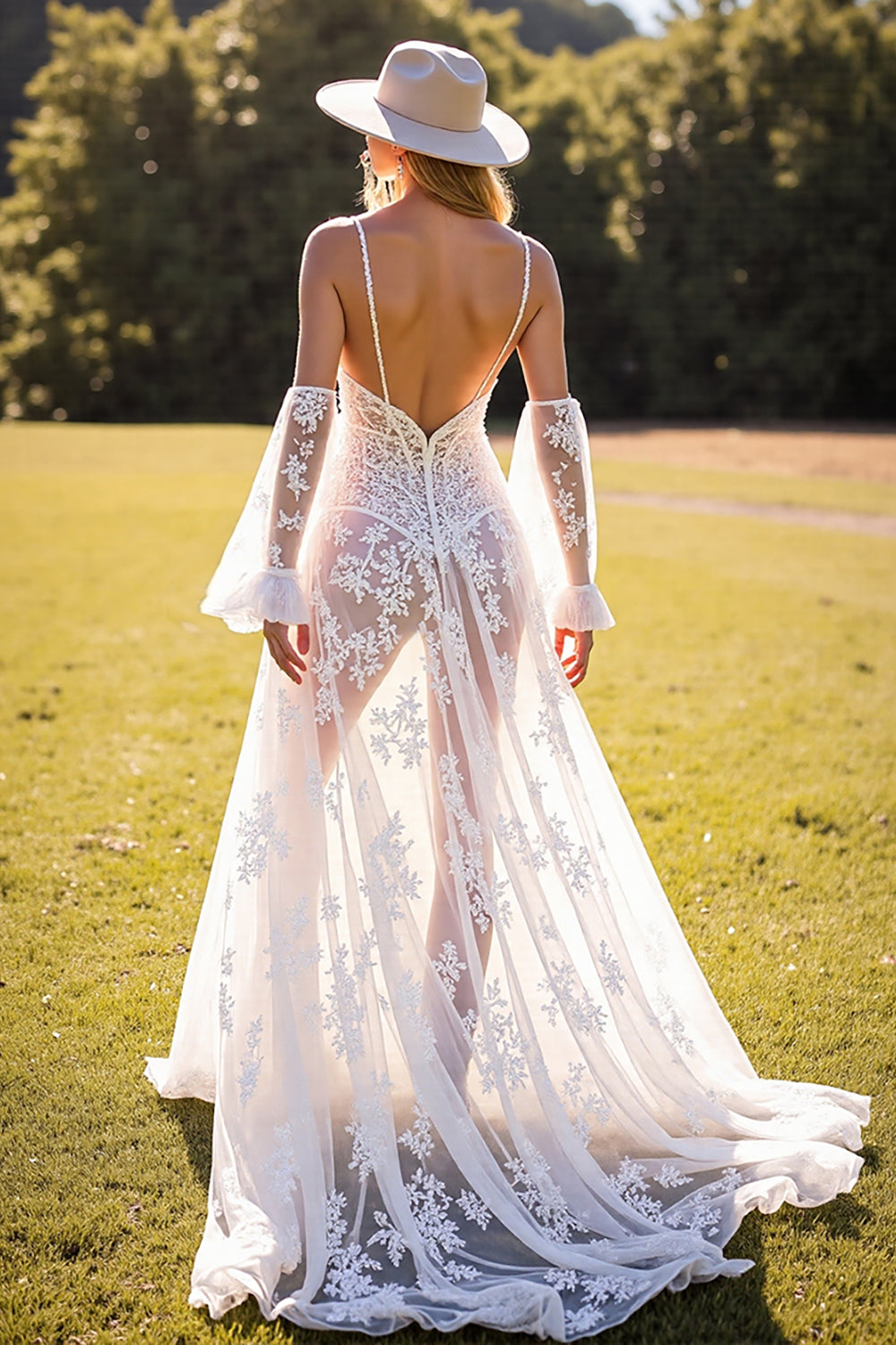 White A Line Appliqued Wedding Dress with Slit