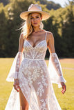 White A Line Appliqued Wedding Dress with Slit