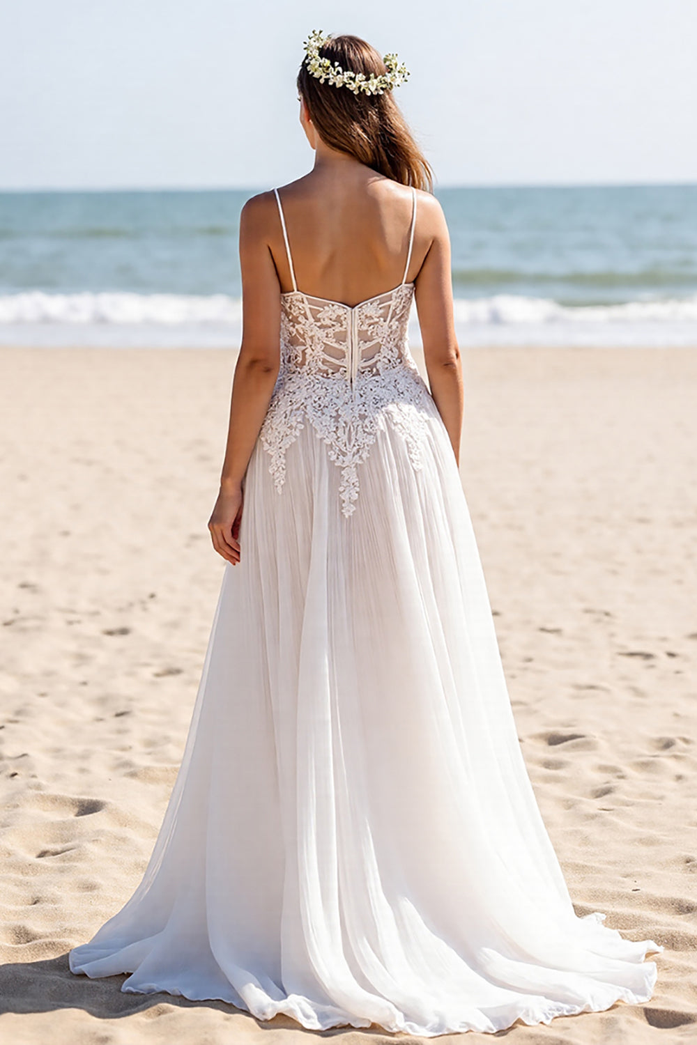 Lace White A Line Wedding Dress with Slit