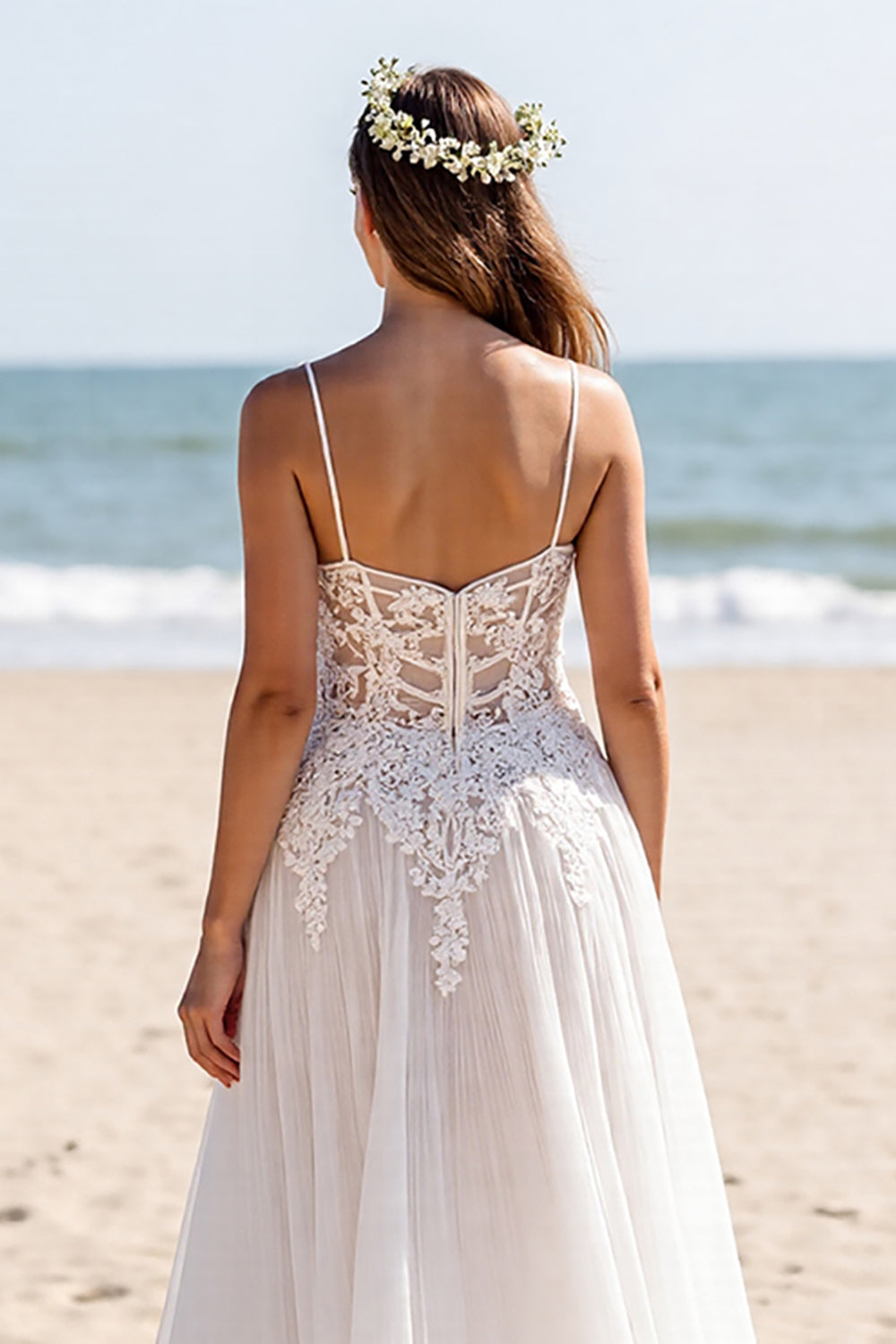 Lace White A Line Wedding Dress with Slit