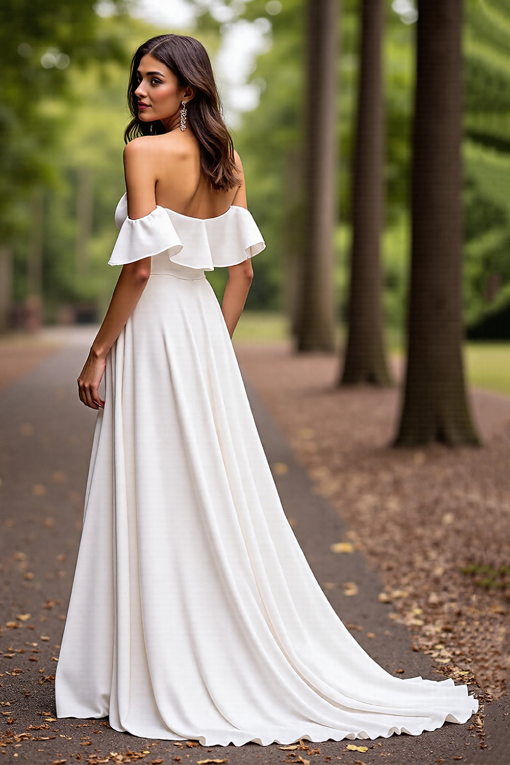 Off The Shoulder Ruffled A Line White Wedding Dress