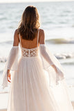 Cold Shoulder White A Line Wedding Dress with Appliques