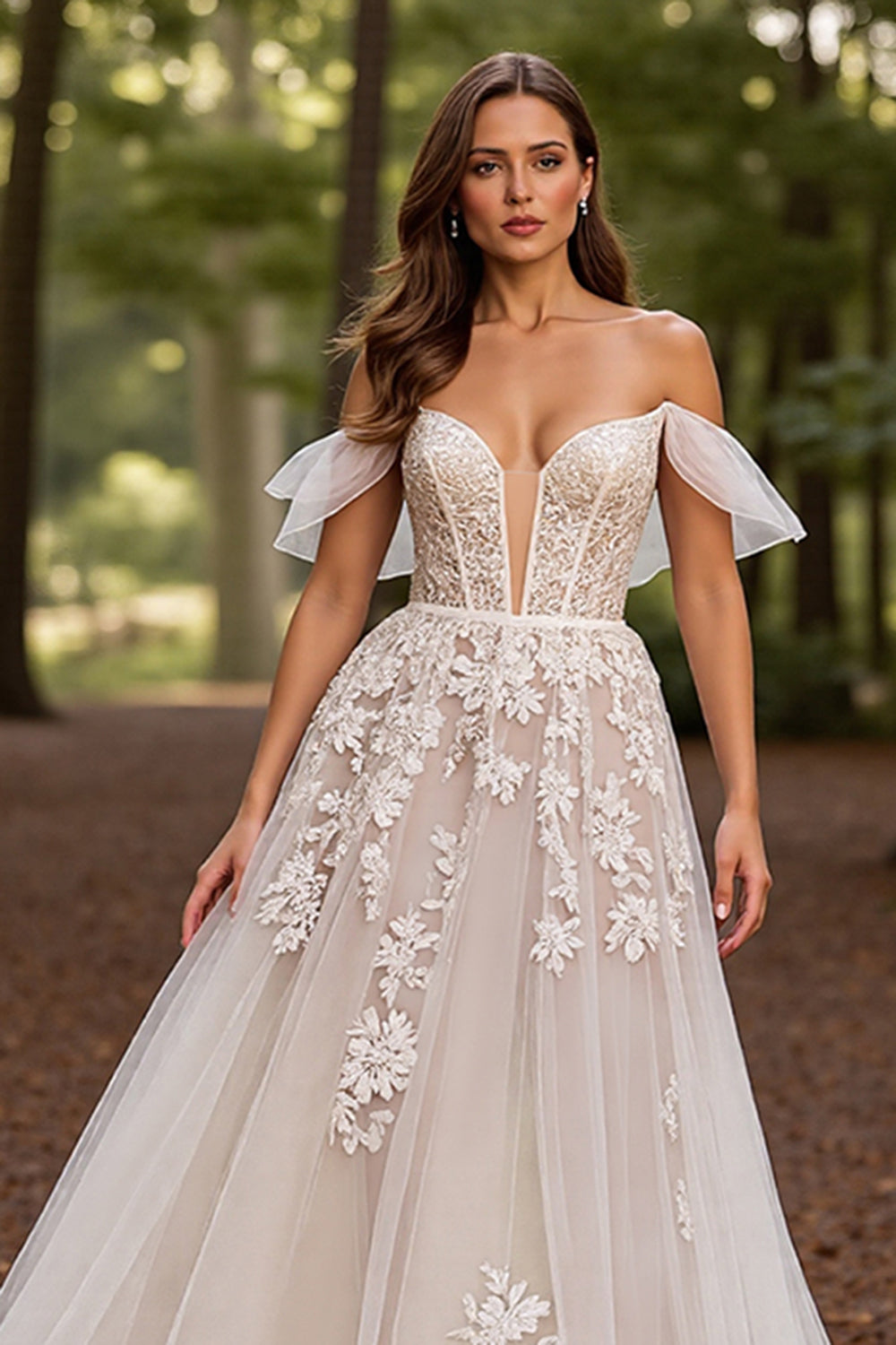 Off The Shoulder White Appliqued Wedding Dress
