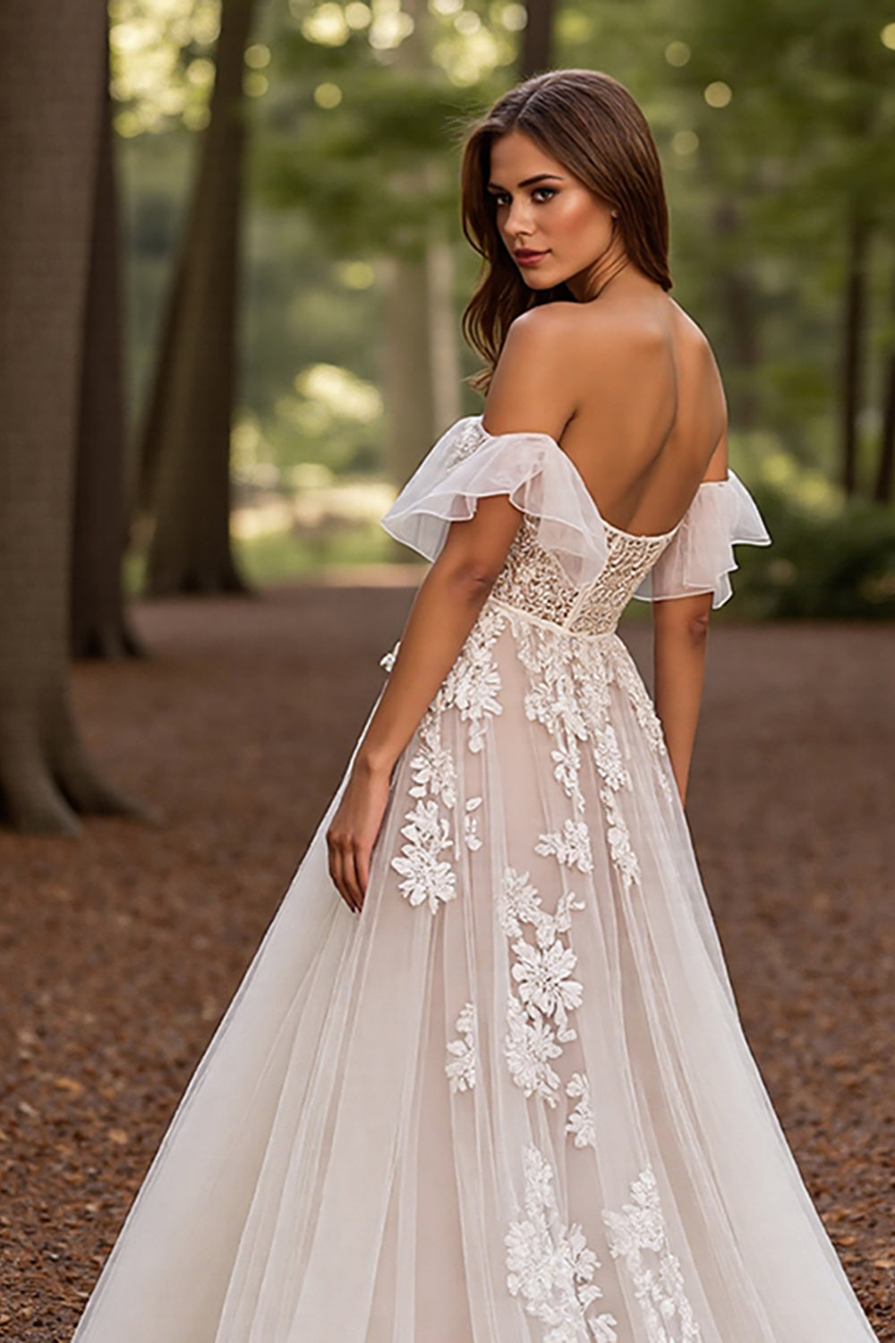 Off The Shoulder White Appliqued Wedding Dress