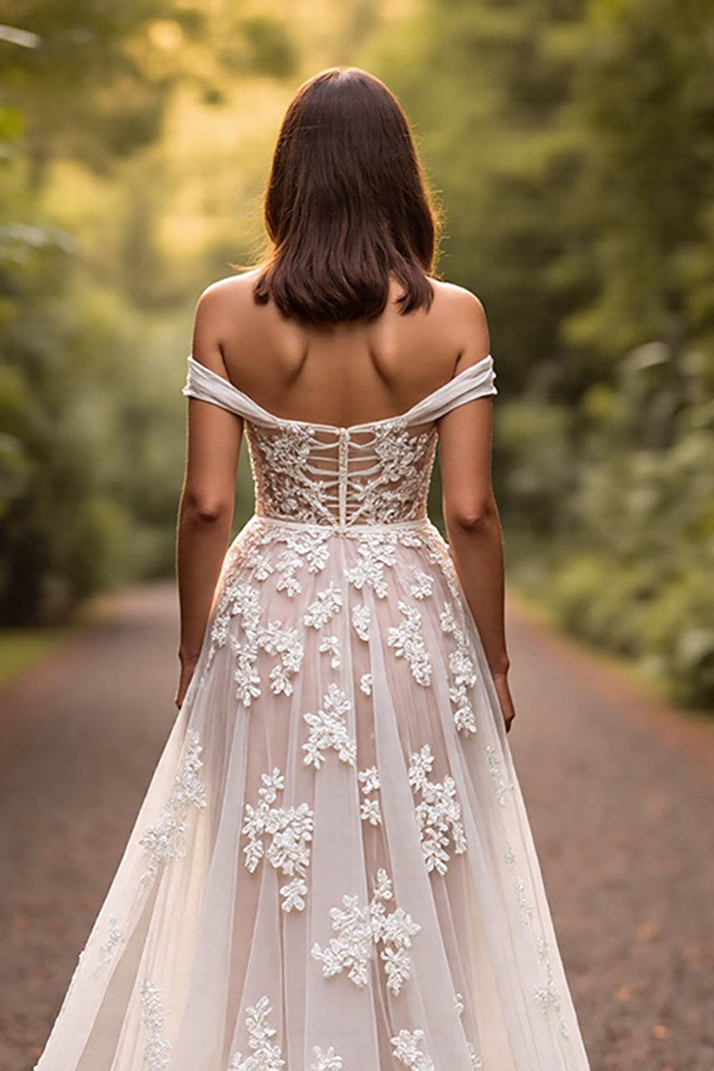 Floral Off The Shoulder White Wedding Dress with Appliques
