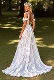 Floral Cold Shoulder White Wedding Dress with Appliques