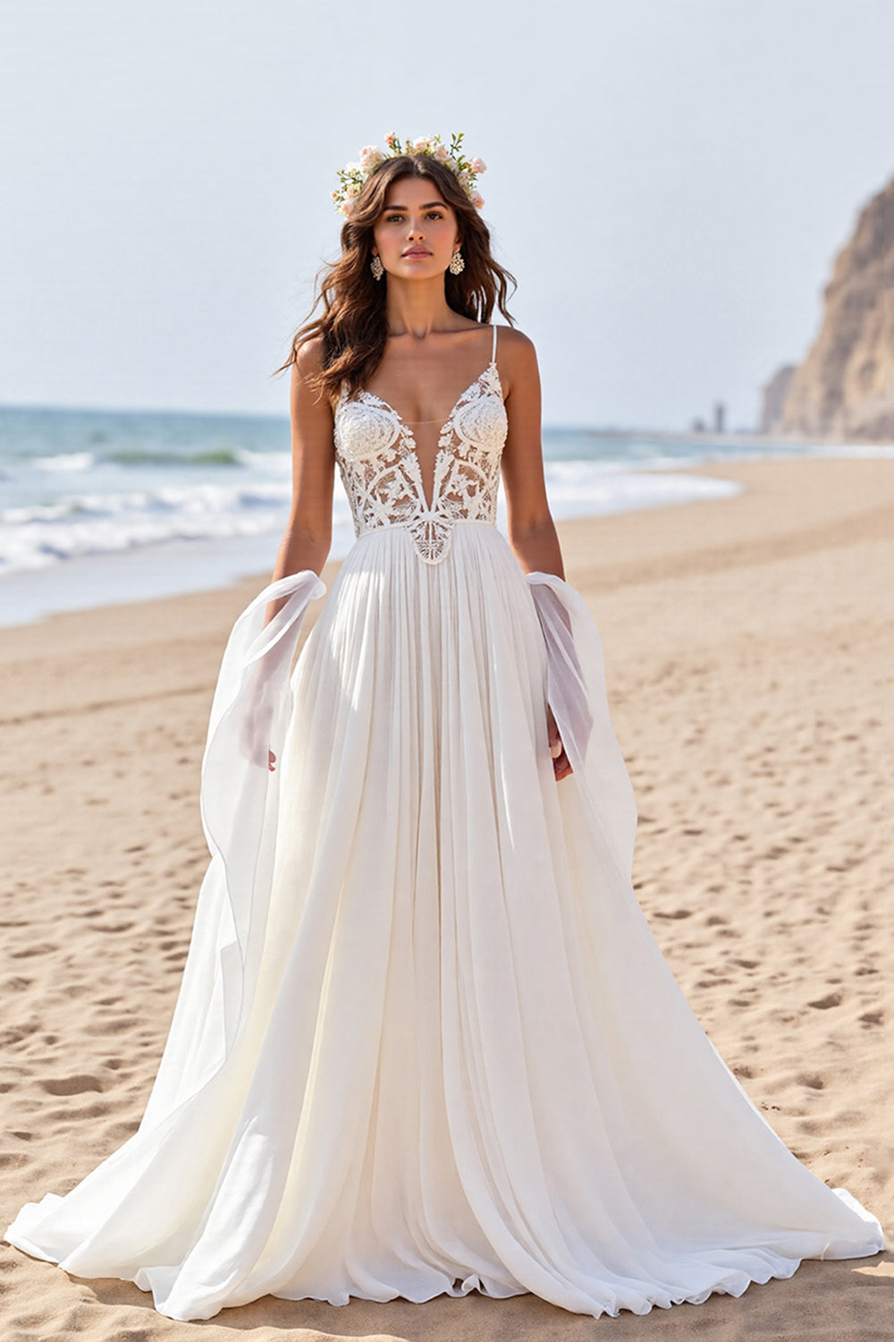 Appliqued White A Line Long Wedding Dress