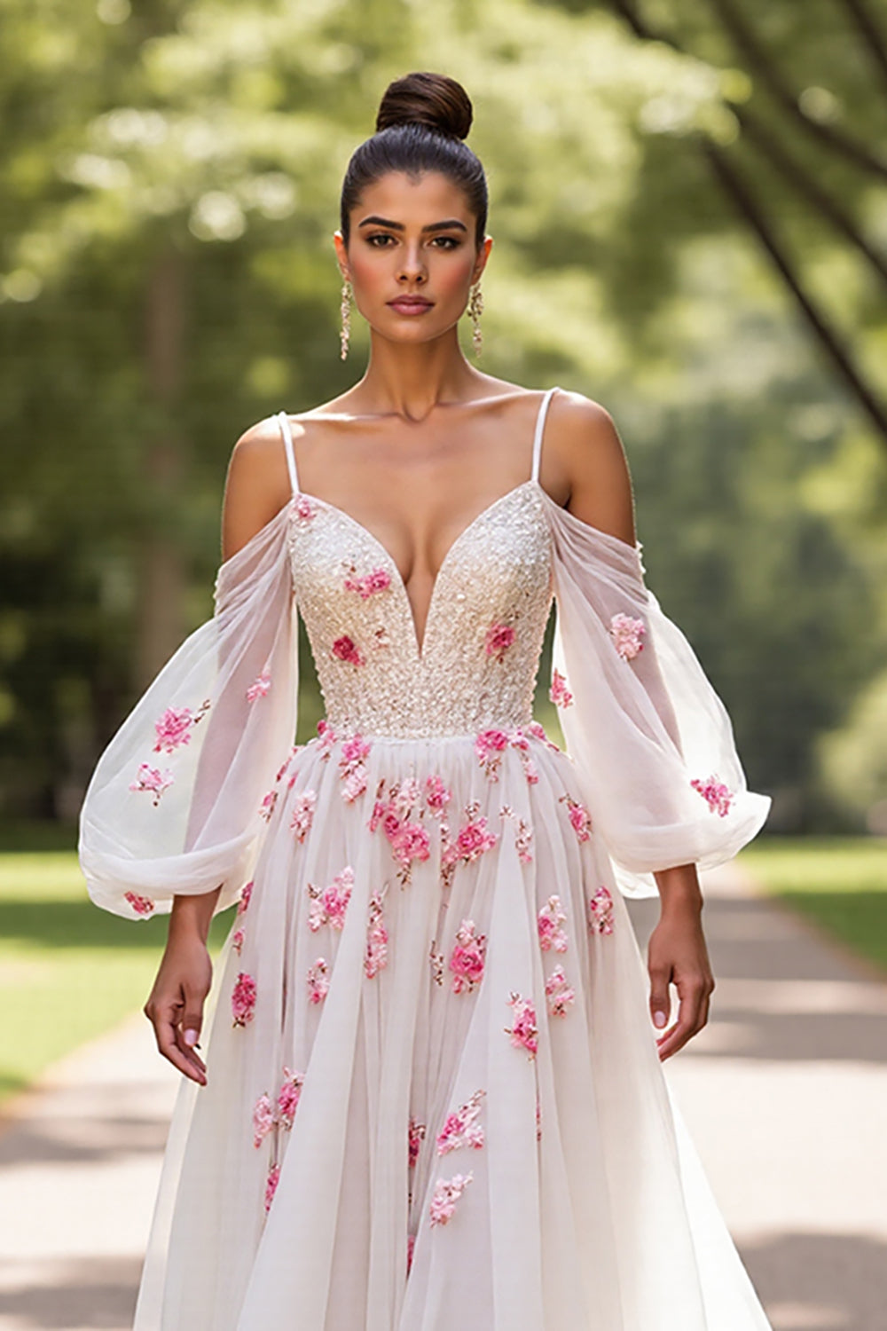 Cold Shoulder Floral White Wedding Dress with Appliques
