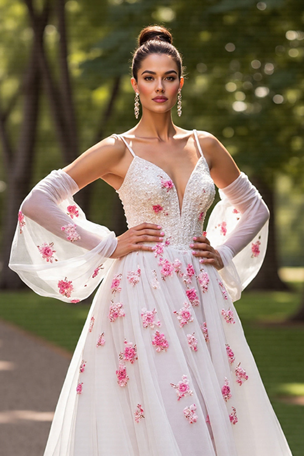 Cold Shoulder Floral White Wedding Dress with Appliques