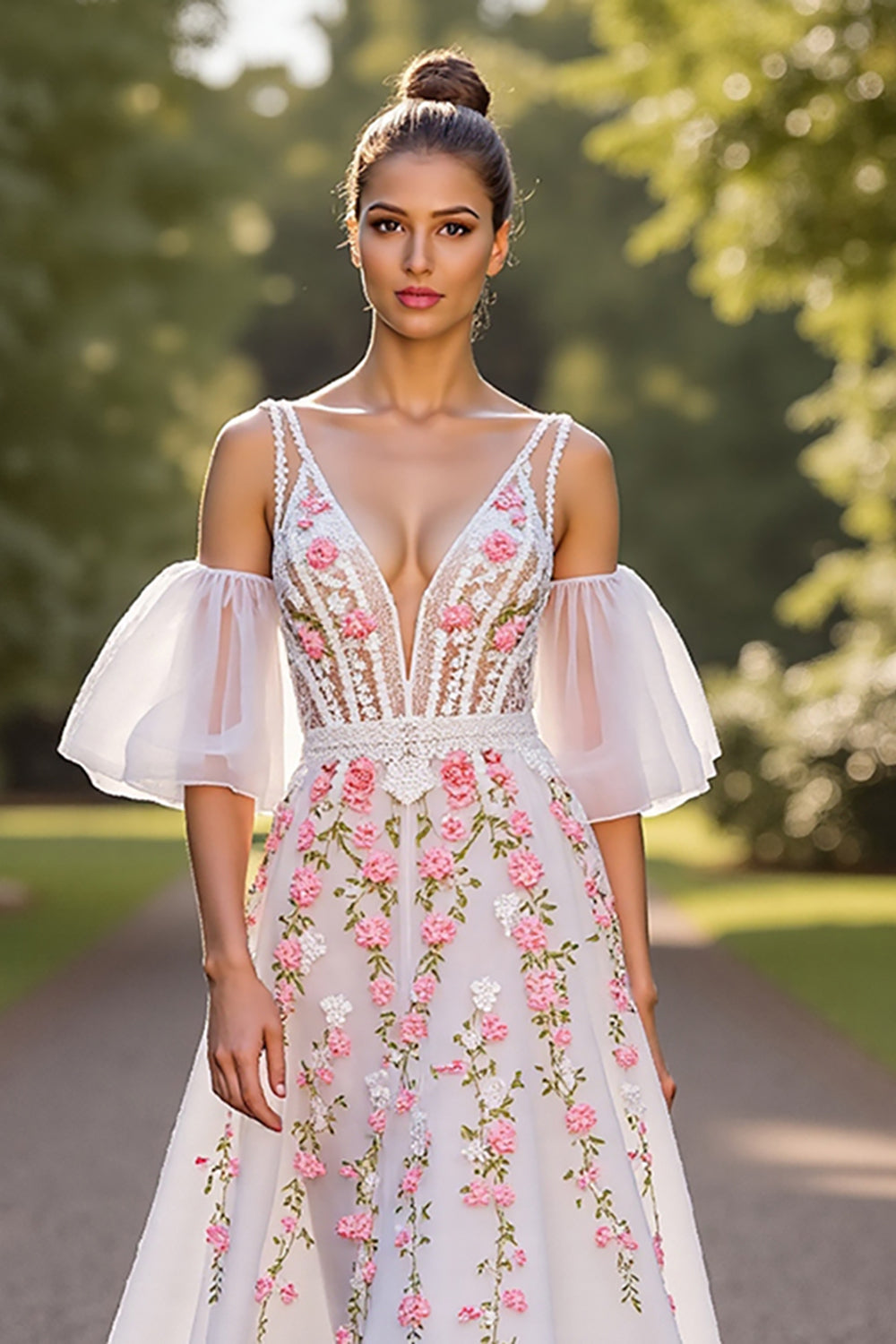 Floral A Line White Long Wedding Dress with Appliques