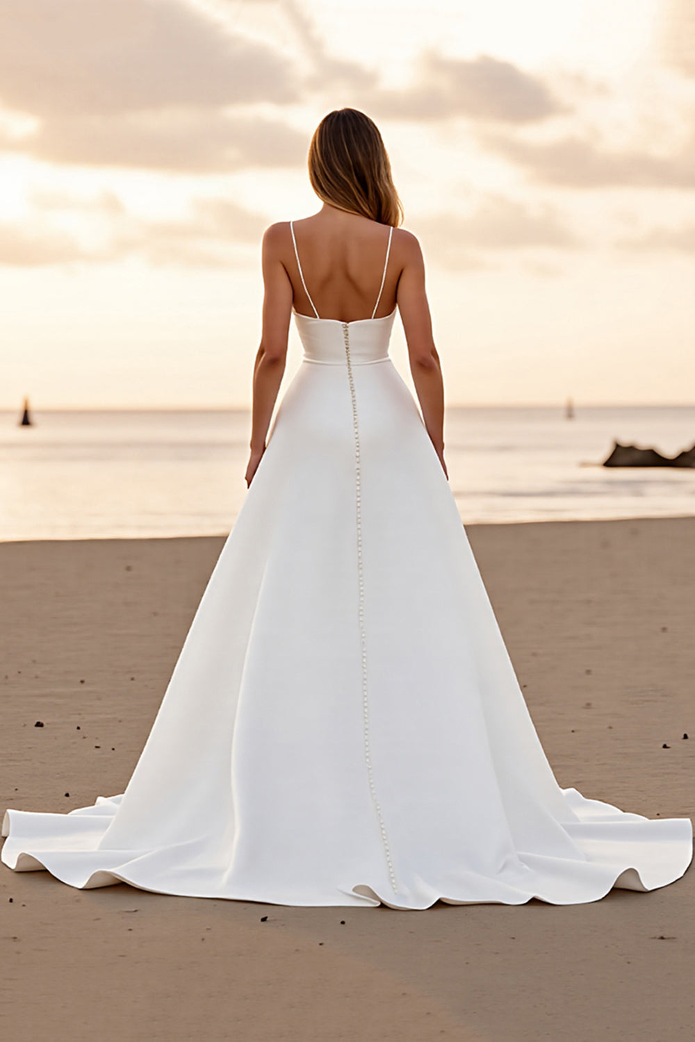 White A Line Long Wedding Dress with Slit