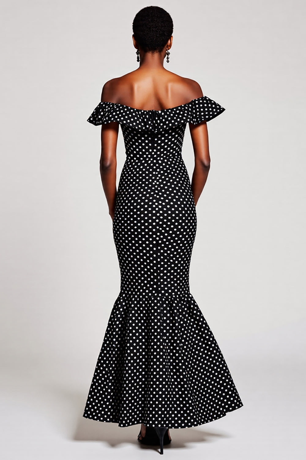 Black White Dots Off The Shoulder Mermaid Maxi Dress