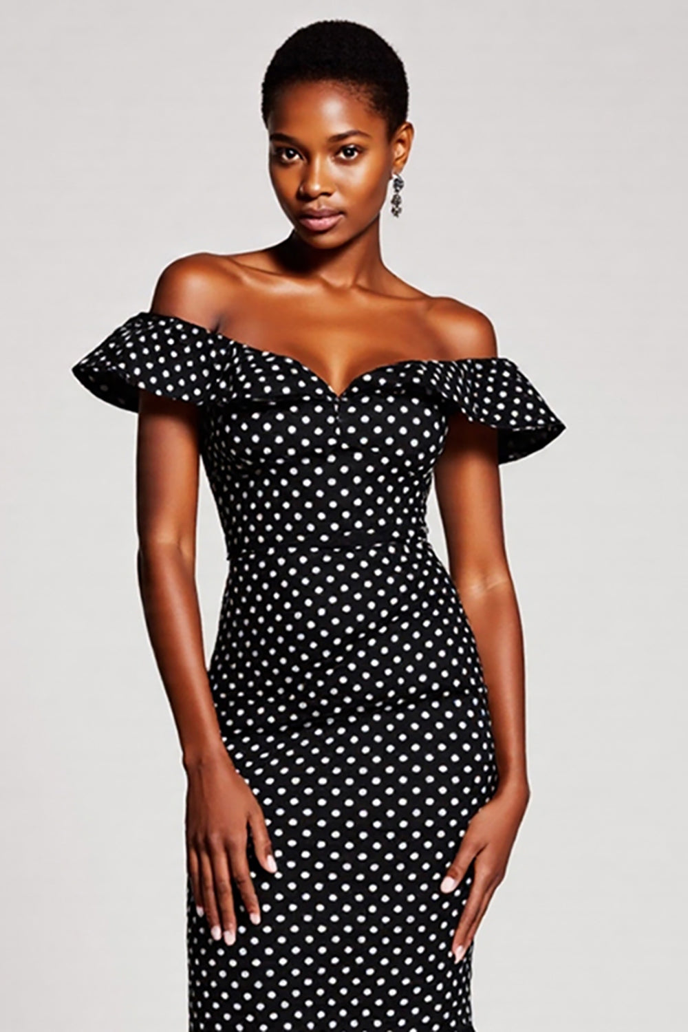 Black White Dots Off The Shoulder Mermaid Maxi Dress
