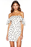 White Black Dots Off The Shoulder Bodycon Mini Dress With Slit