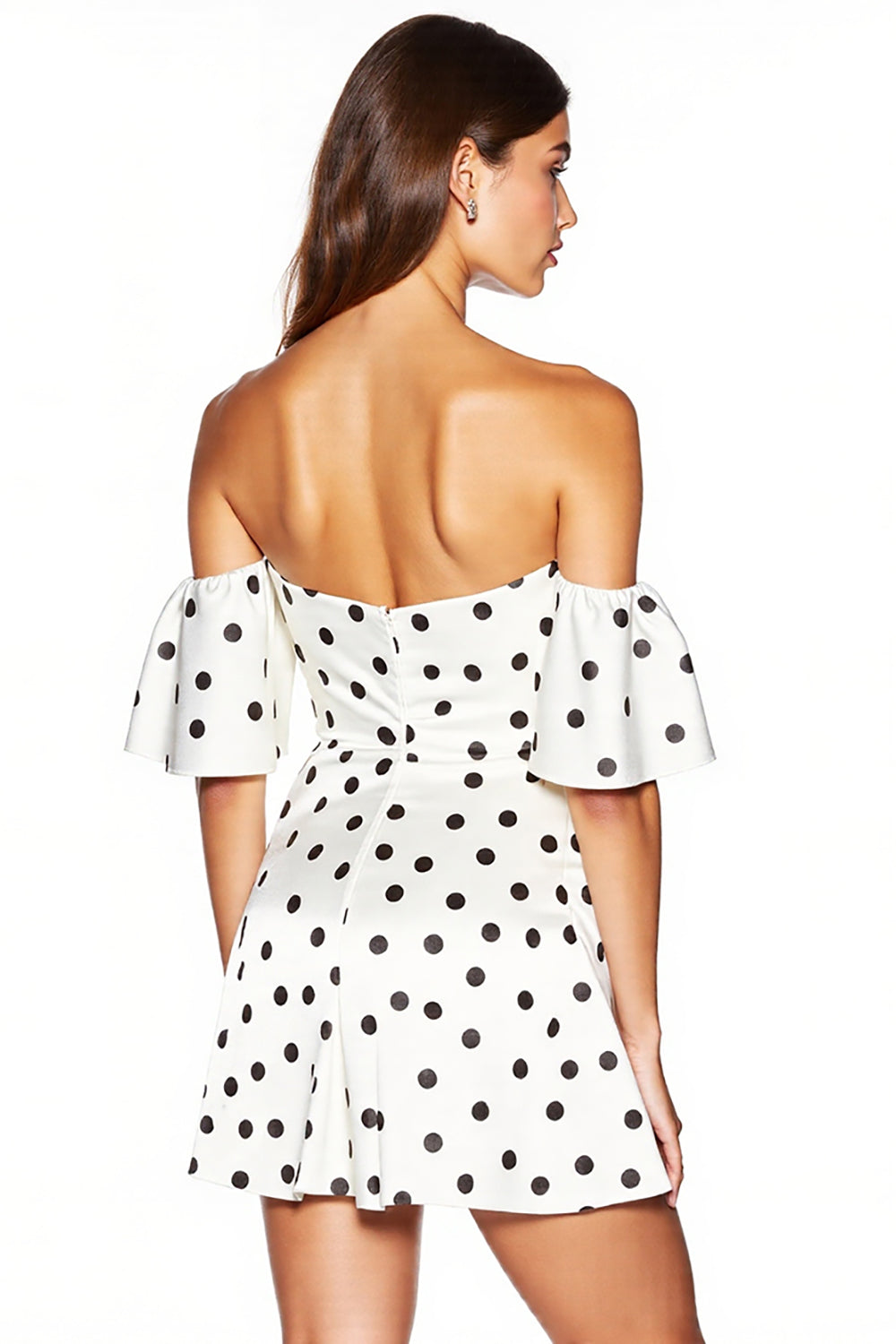 White Black Dots Off The Shoulder Bodycon Mini Dress With Slit