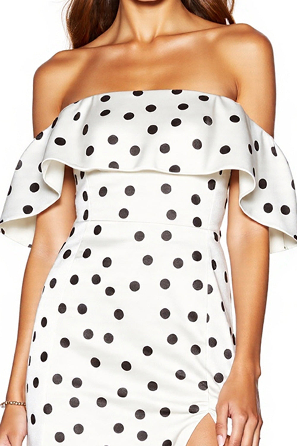 White Black Dots Off The Shoulder Bodycon Mini Dress With Slit