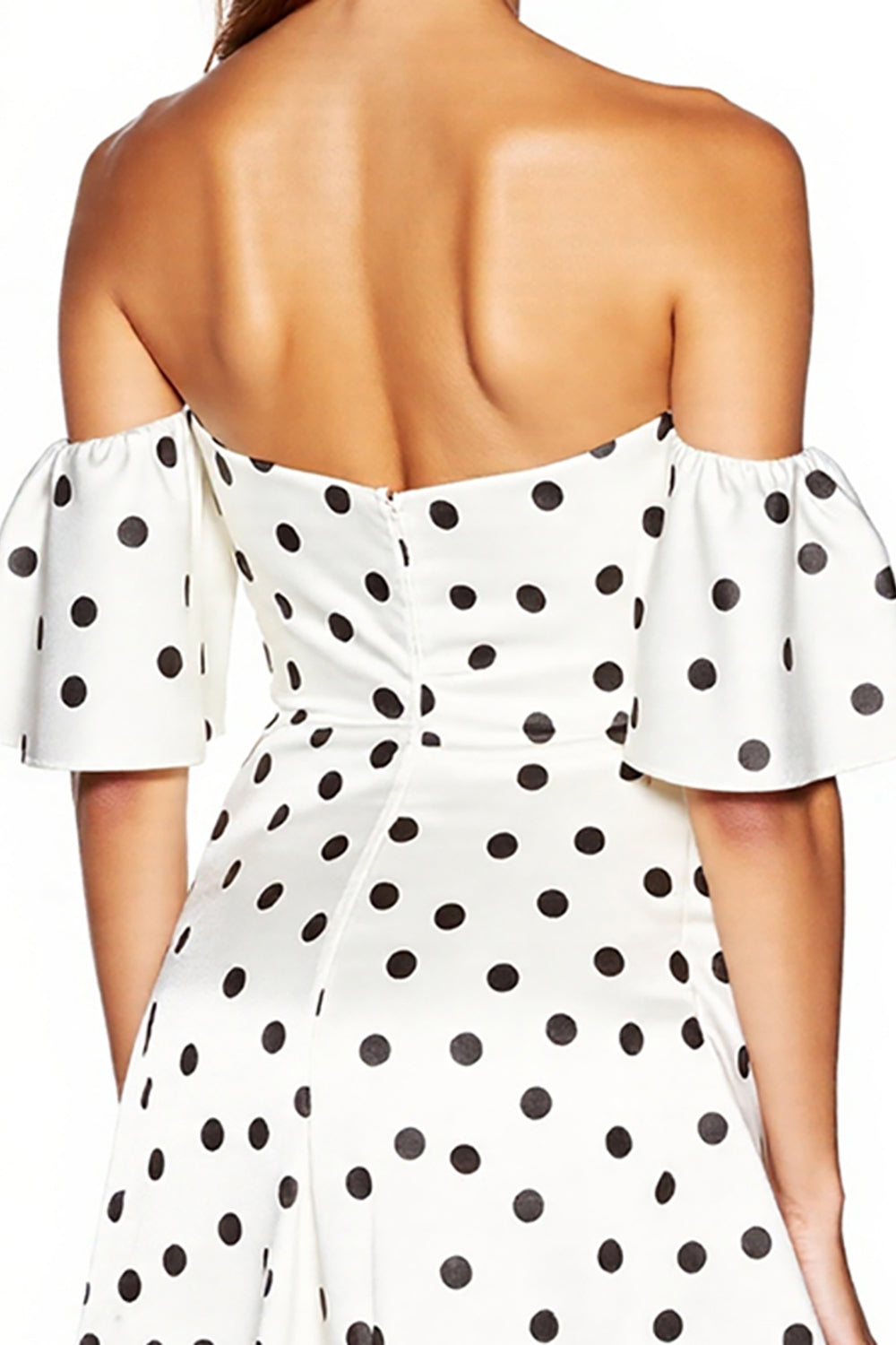 White Black Dots Off The Shoulder Bodycon Mini Dress With Slit