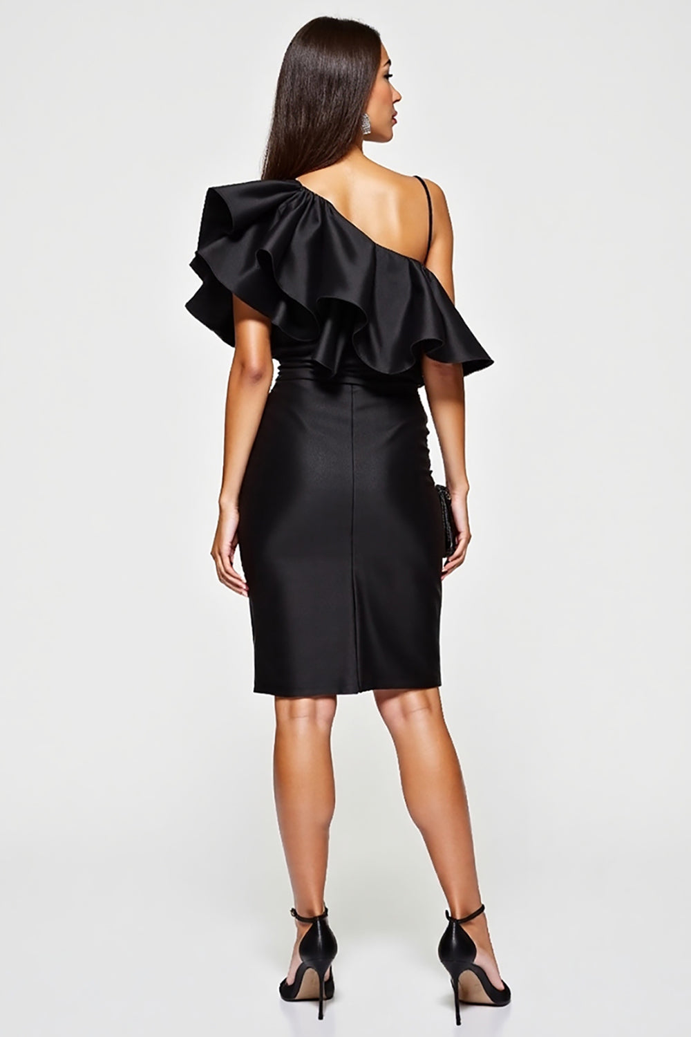 One Shoulder Bodycon Black Cocktail Dress with Ruffles