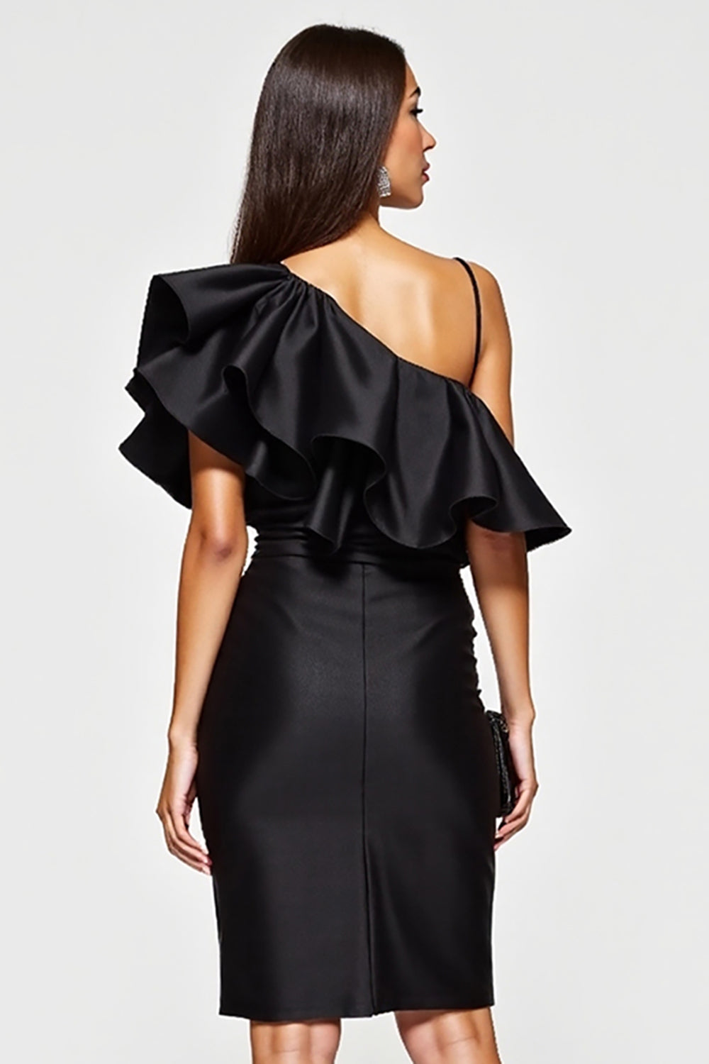 One Shoulder Bodycon Black Cocktail Dress with Ruffles