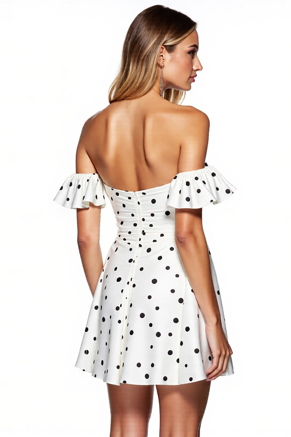 Off The Shoulder White Black Polka Dots A-Line Mini Dress