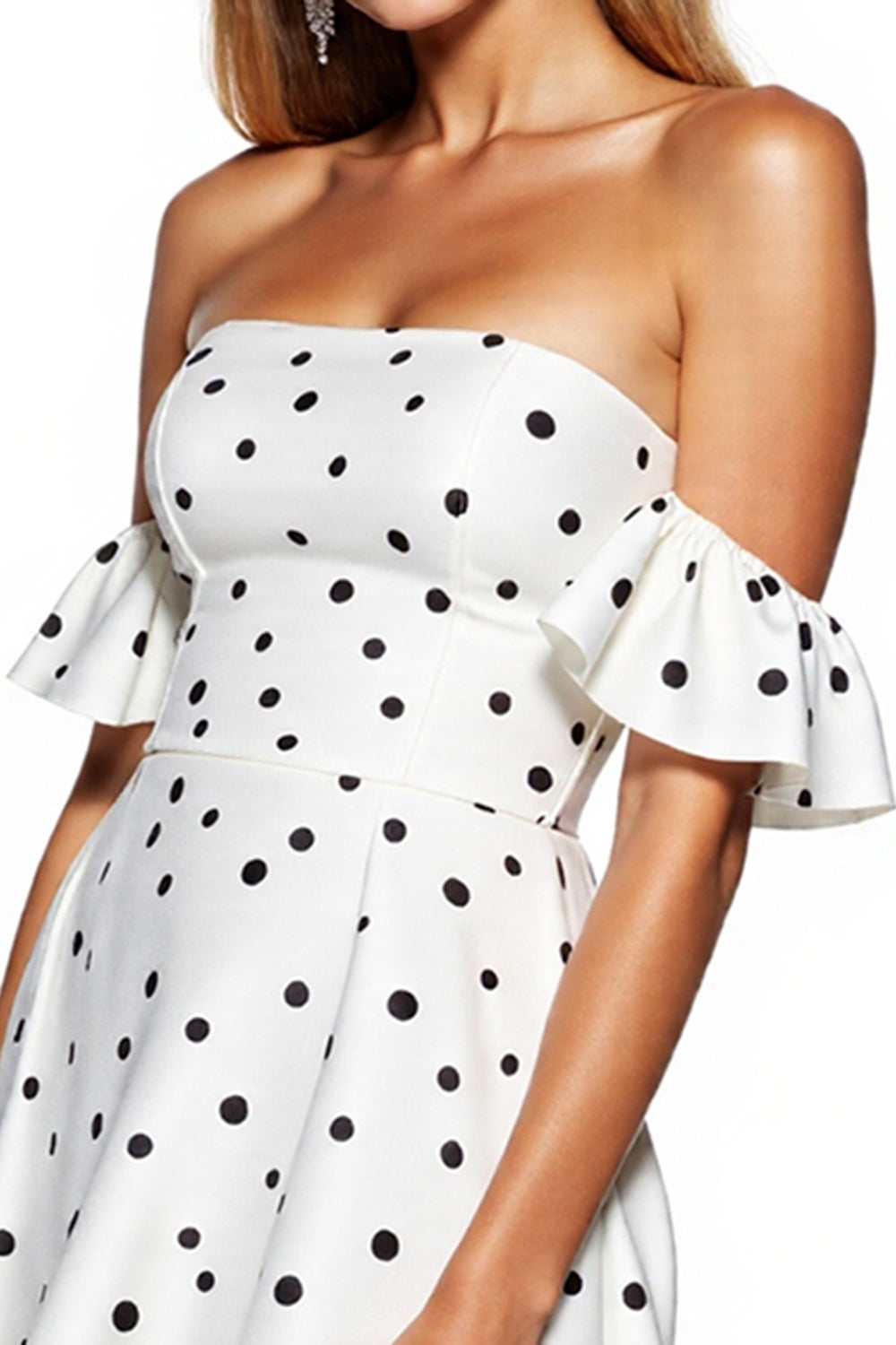 Off The Shoulder White Black Polka Dots A-Line Mini Dress