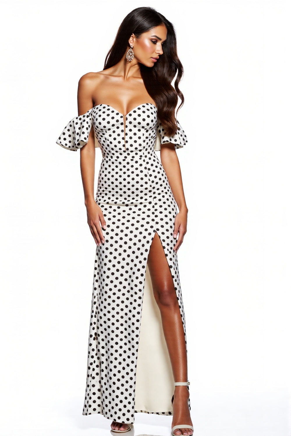 Sheath Off The Shoulder White Black Polka Dots Maxi Dress With Slit