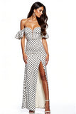 Sheath Off The Shoulder White Black Polka Dots Maxi Dress With Slit