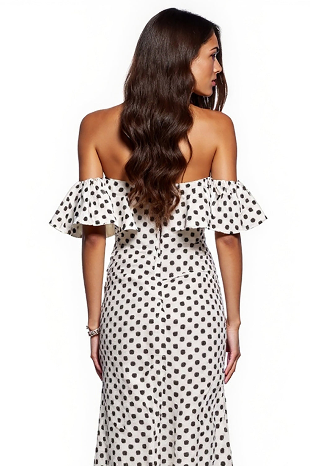 Sheath Off The Shoulder White Black Polka Dots Maxi Dress With Slit