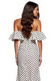 Sheath Off The Shoulder White Black Polka Dots Maxi Dress With Slit