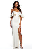 White Sheath Off The Shoulder Maxi Dress With Slit