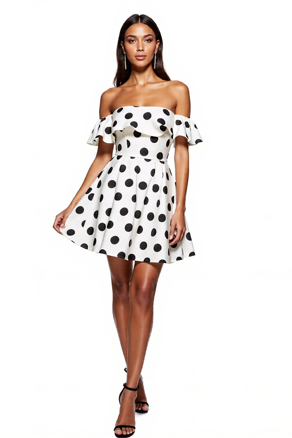White Black Dots Off The Shoulder A-Line Mini Dress