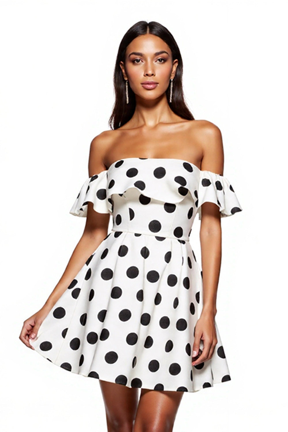 White Black Dots Off The Shoulder A-Line Mini Dress