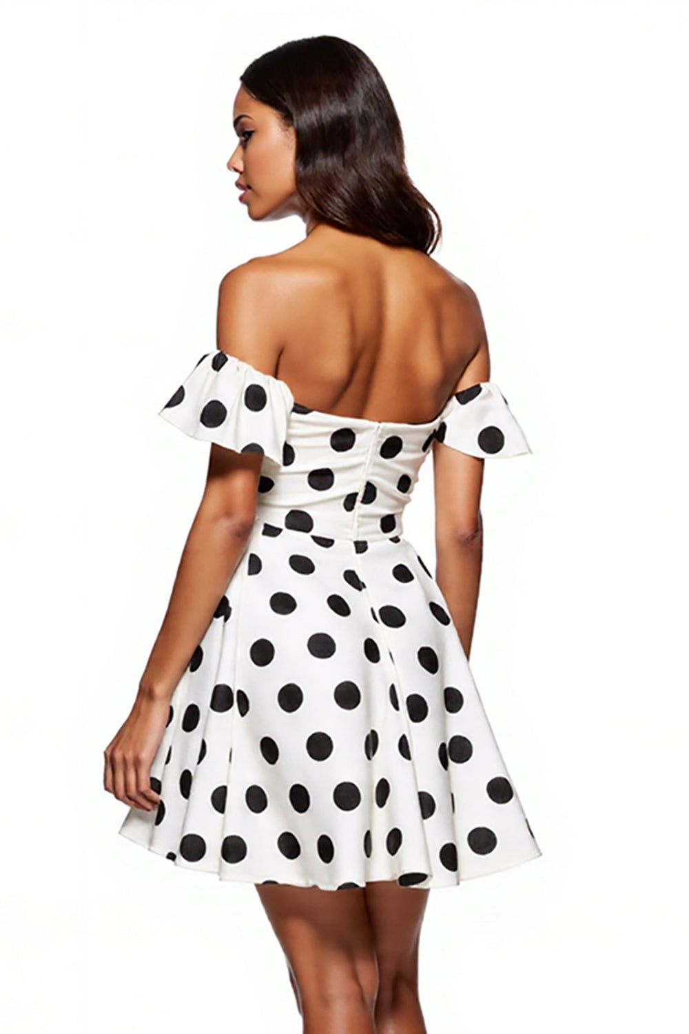 White Black Dots Off The Shoulder A-Line Mini Dress